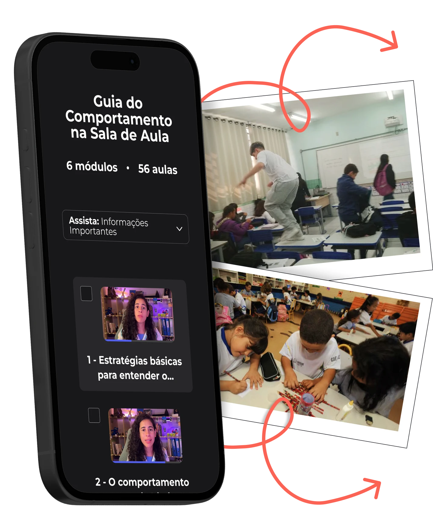 Guia do Comportamento na Sala de Aula acessado no celular, com fotos reais de sala de aula